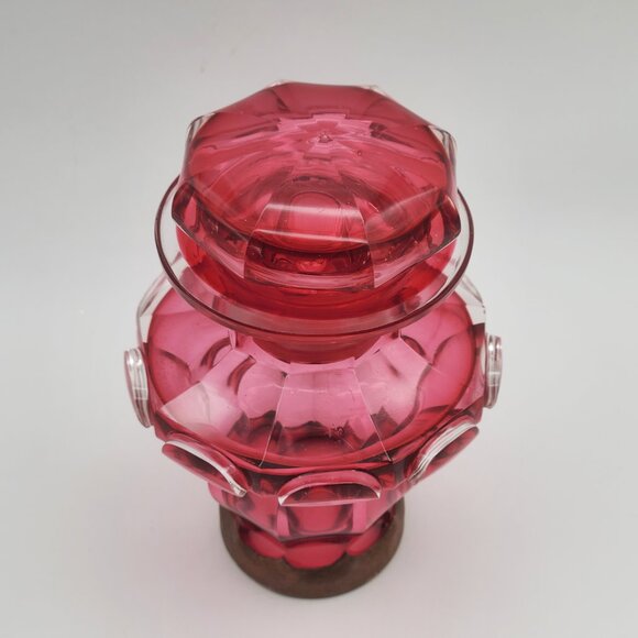 Vintage Cranberry Glass Apothecary or Dresser Jar with Mushroom Stopper 6 1/2" H - Picture 10 of 12